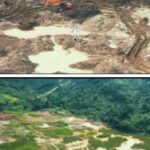 Aerial images of active galamsey sites in the Lake Bosomtwe enclave. Top: Excavators digging on Ankaase Hill near Beposo. Destroyed land close to settlements between Beposo and Nkwatapon. While Lake Bosomtwe is not pictured, surrounding rivers in the area have reportedly been destroyed.